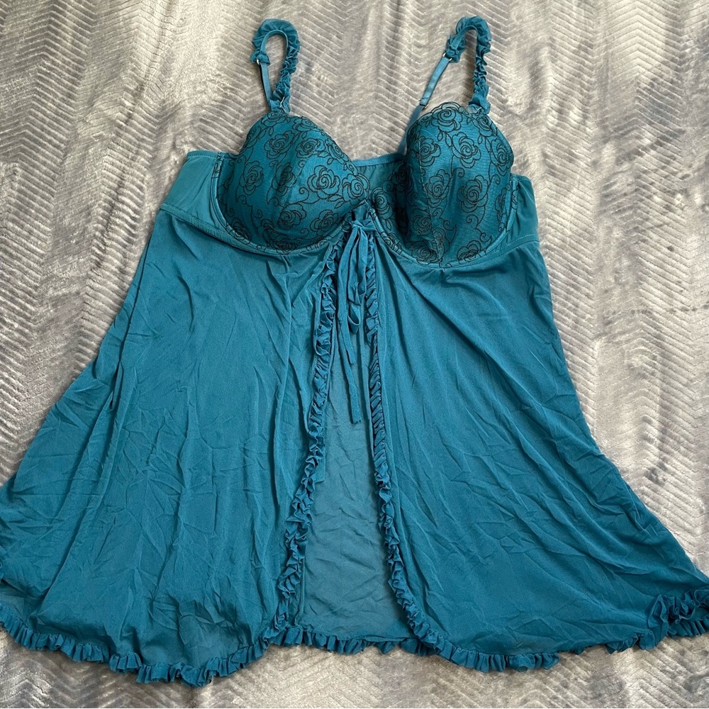 Cacique Babydoll 26/28 Lingerie Mesh Lace Blue